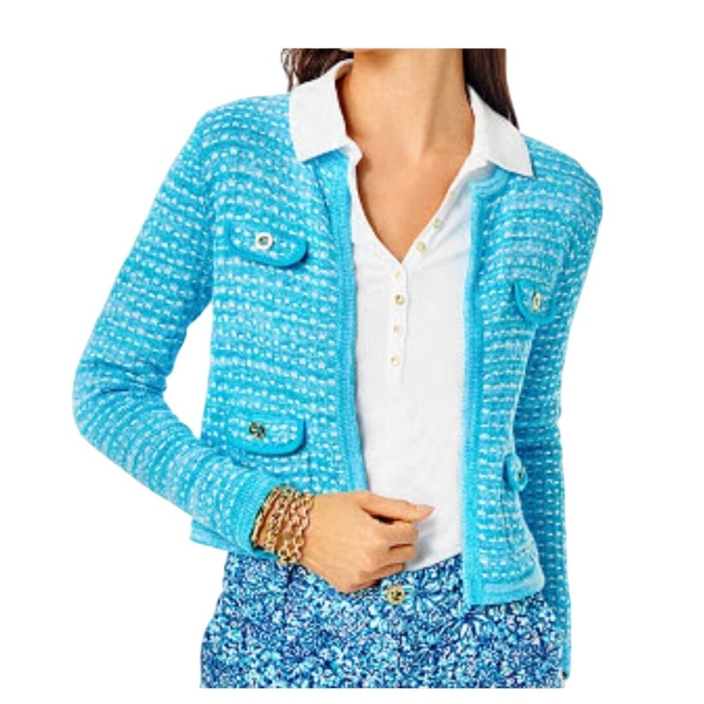 Lilly Pulitzer NWOT Kienna Woven Knit Cardigan Cumulus Blue Metallic XSmall